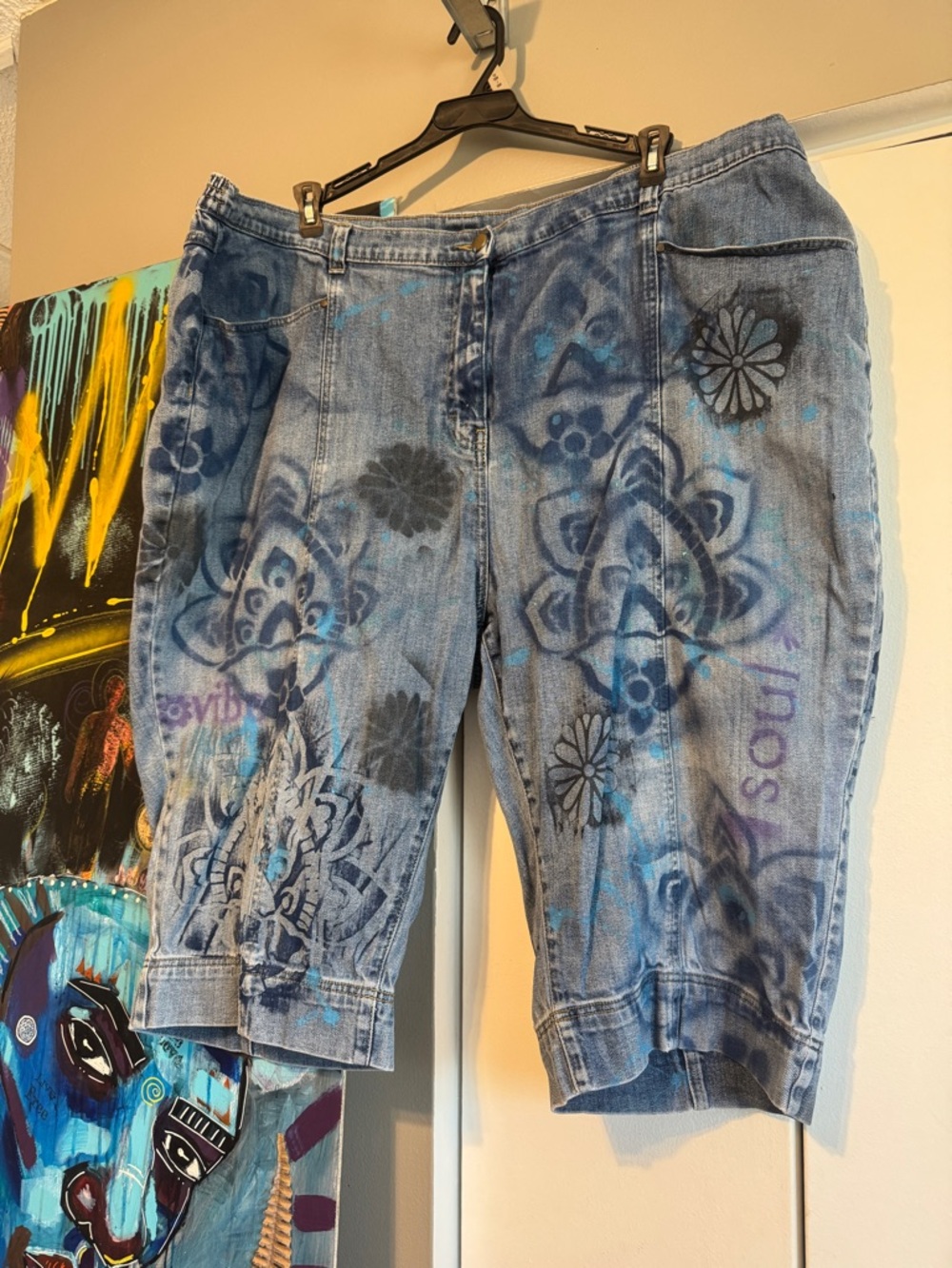 Custom Hand Painted Graffiti Capri Jeans Size 28W One of a Kind